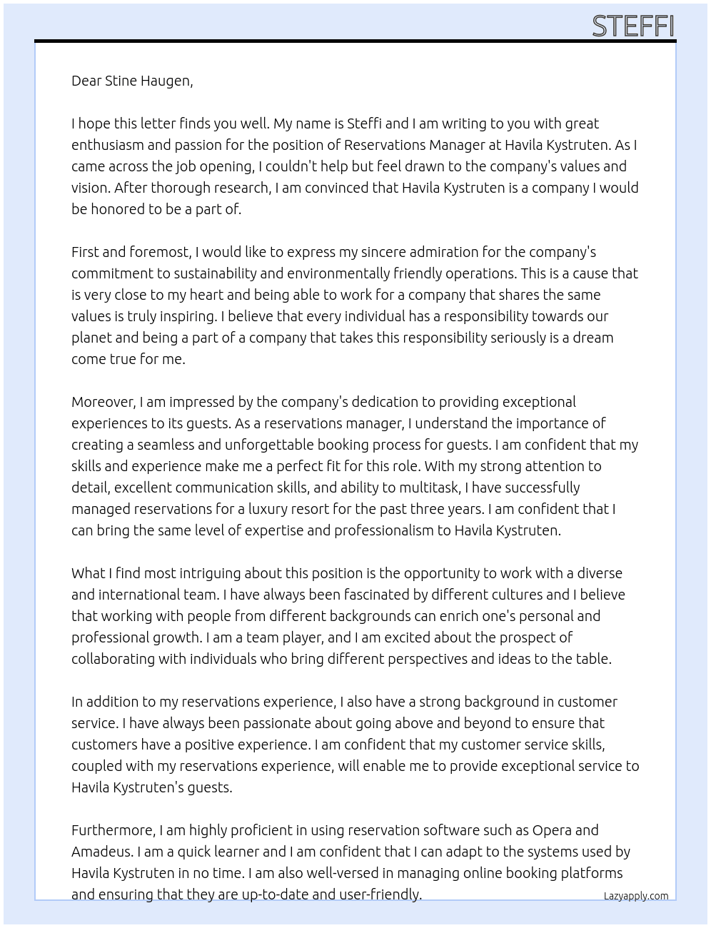 reservations manager At Havila kystruten Cover Letter