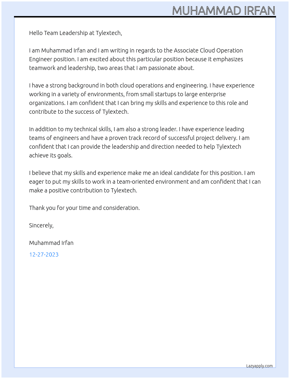Associate Cloud Operation Engineer At Tylextech Cover Letter