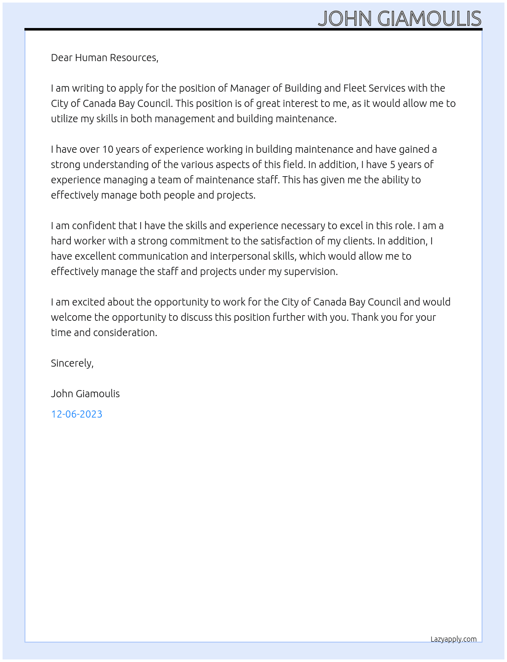 Manager Building and fleet services  At City of Canada bay council Cover Letter