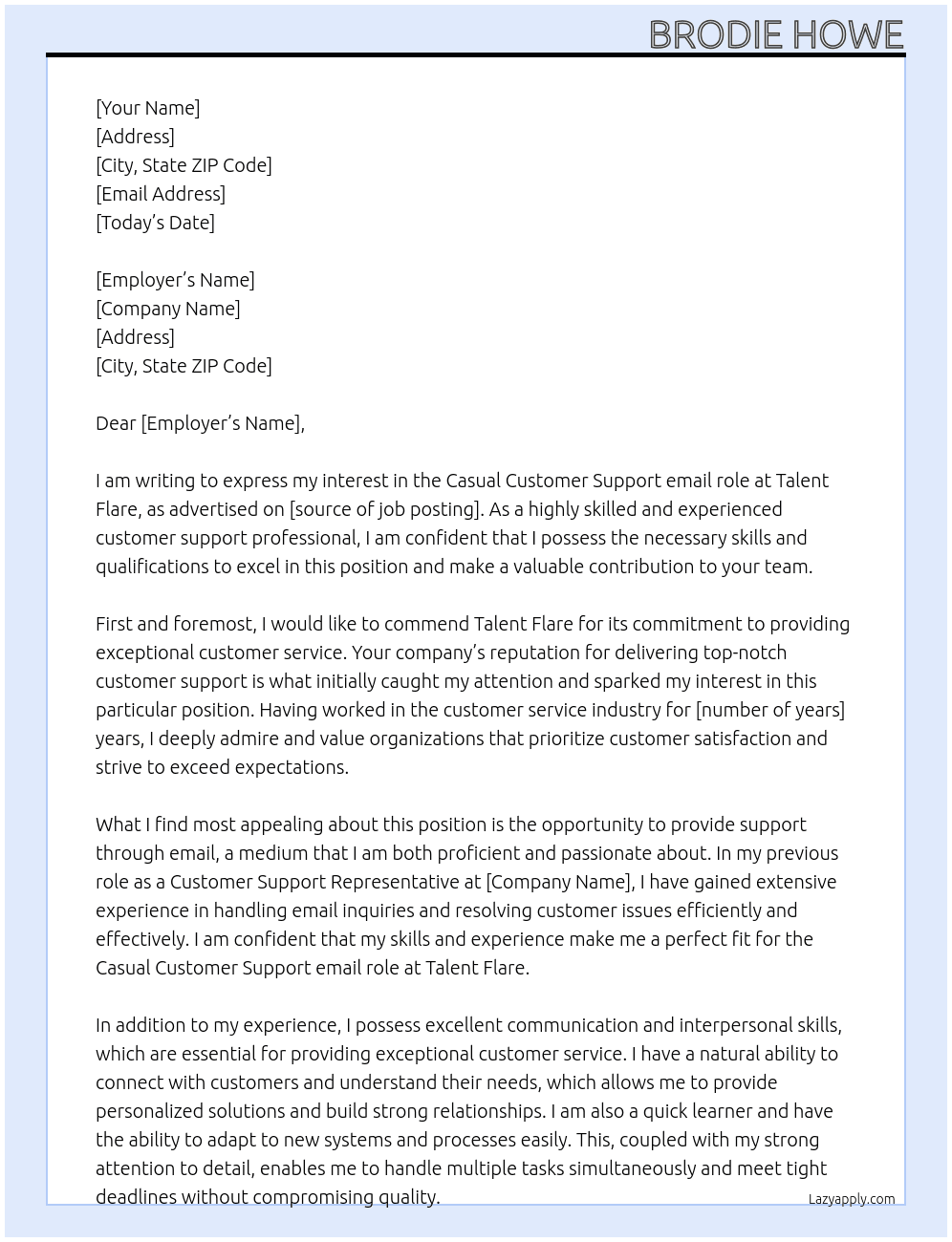 Casual Customer Support email role At Talent Flare Cover Letter