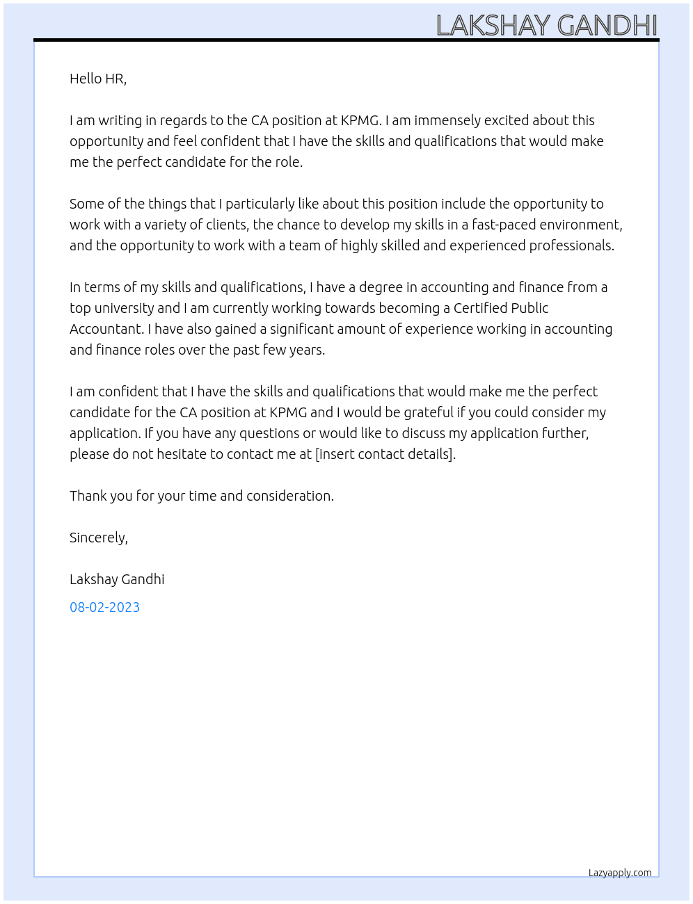 CA At KPMG Cover Letter