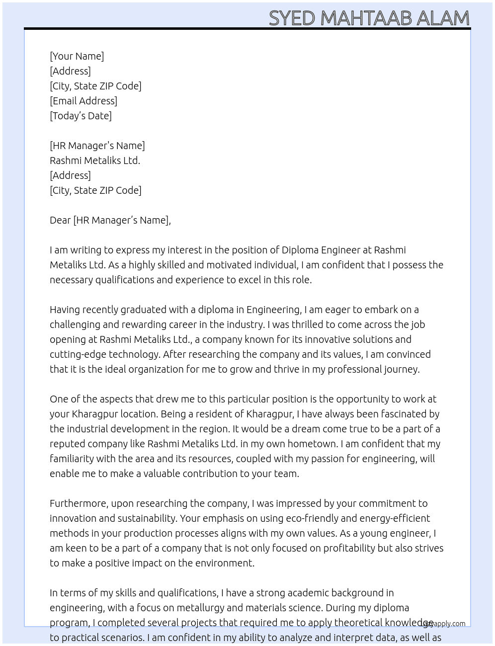 Diploma Engineer At Rashmi Metaliks Ltd. Cover Letter