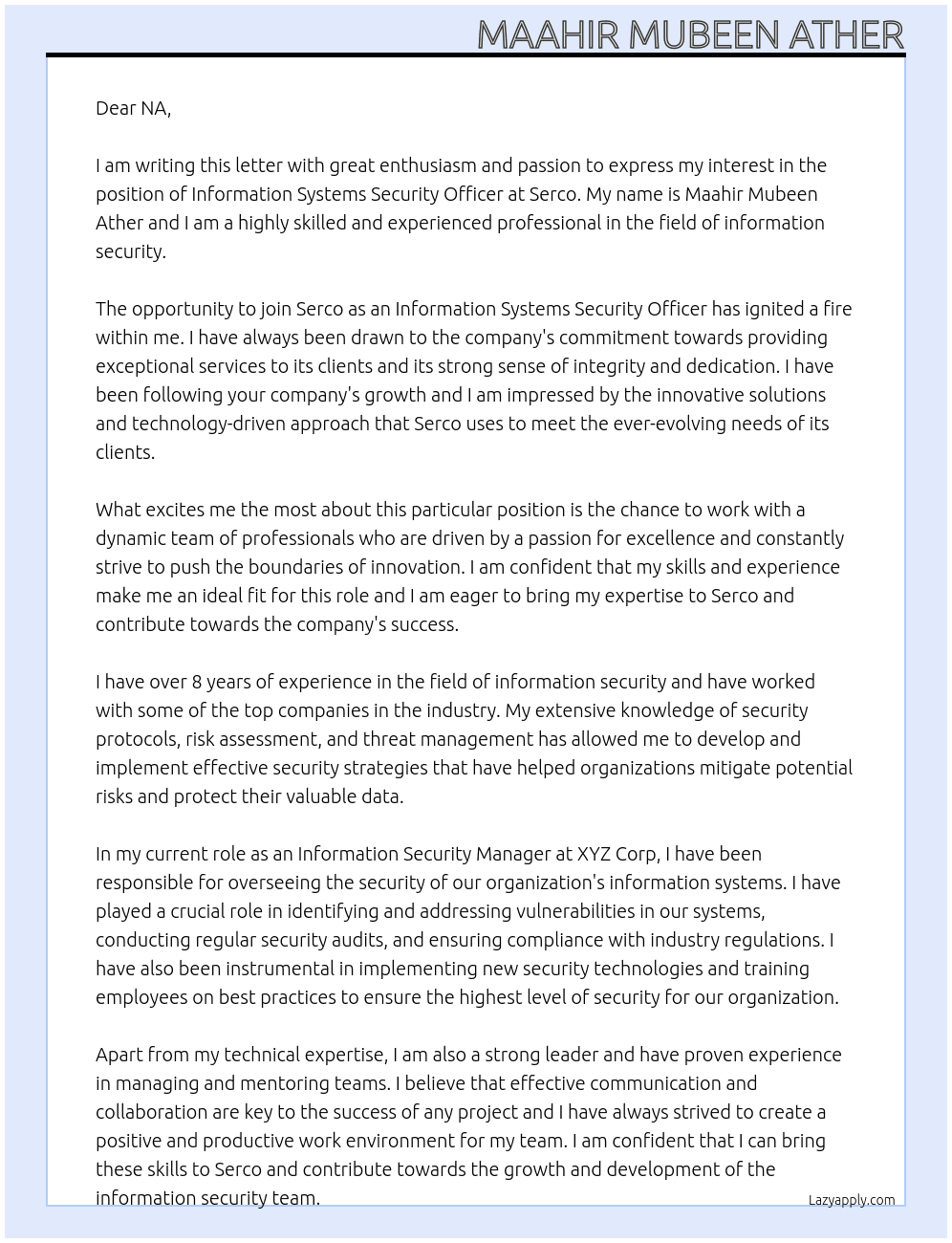 Information Systems Security Officer At serco Cover Letter