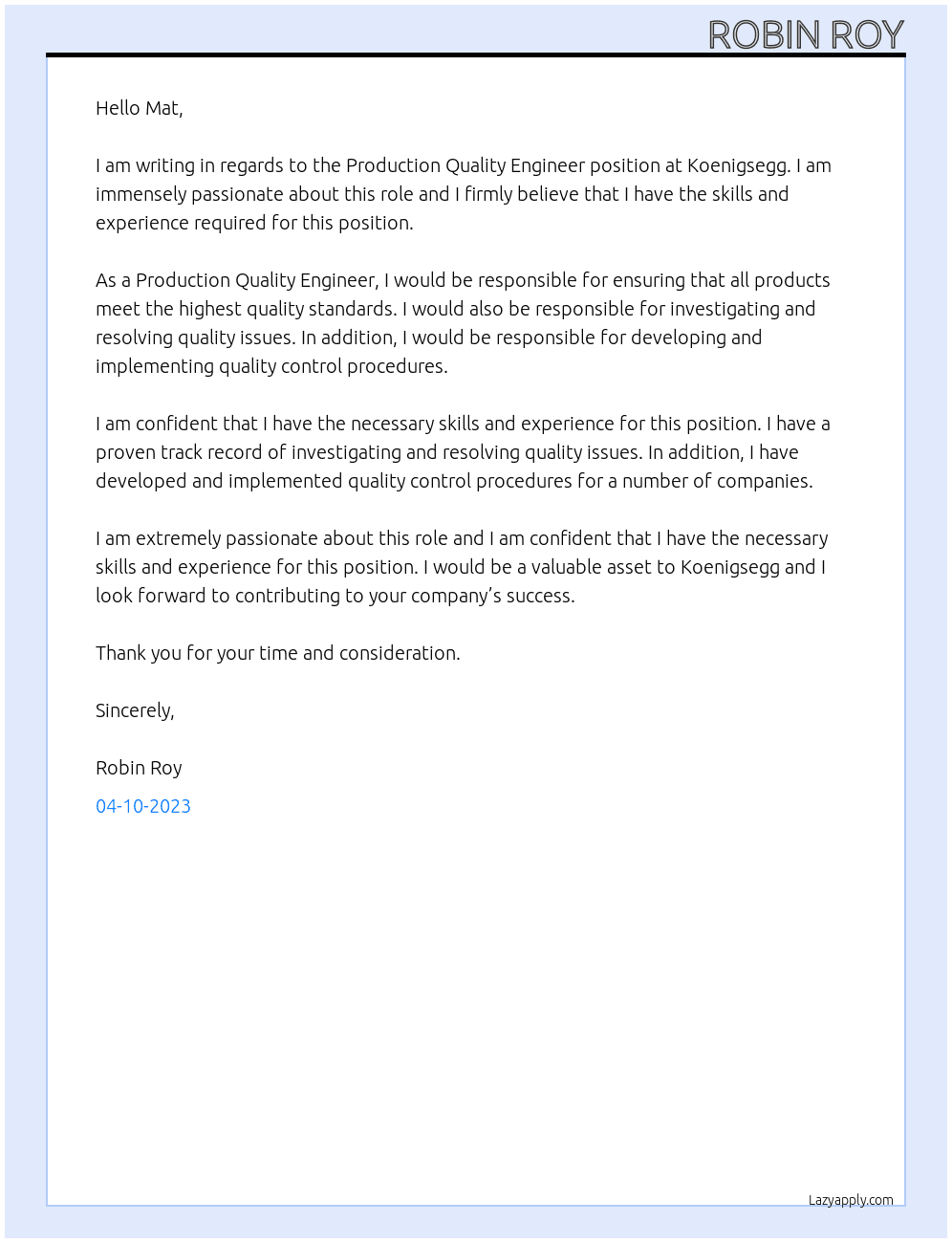 Production Quality Engineer At Koenigsegg Cover Letter