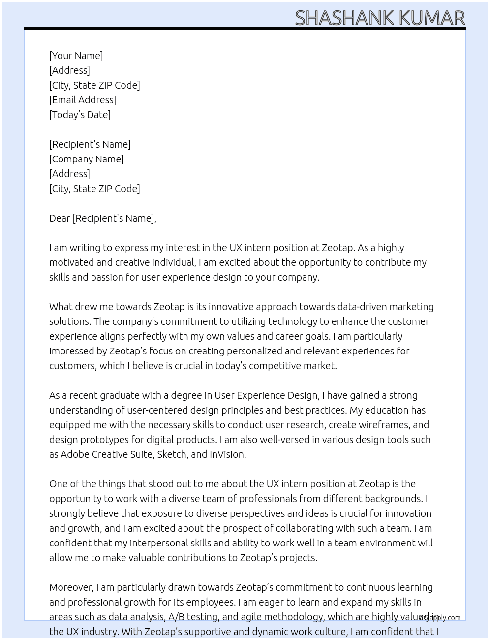 UX intern At Zeotap Cover Letter