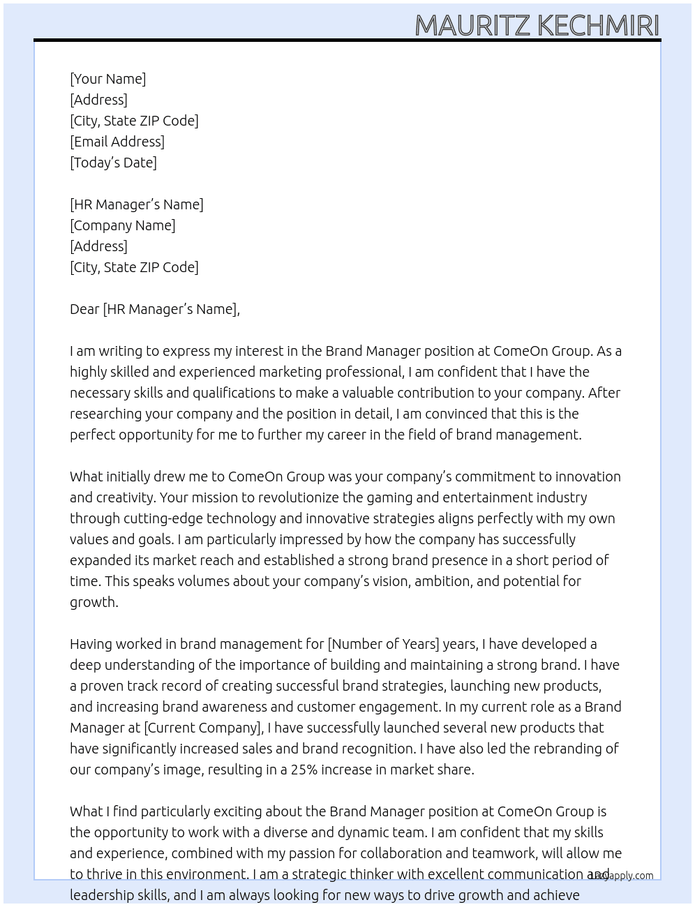 Brand manager At ComeOn Group Cover Letter