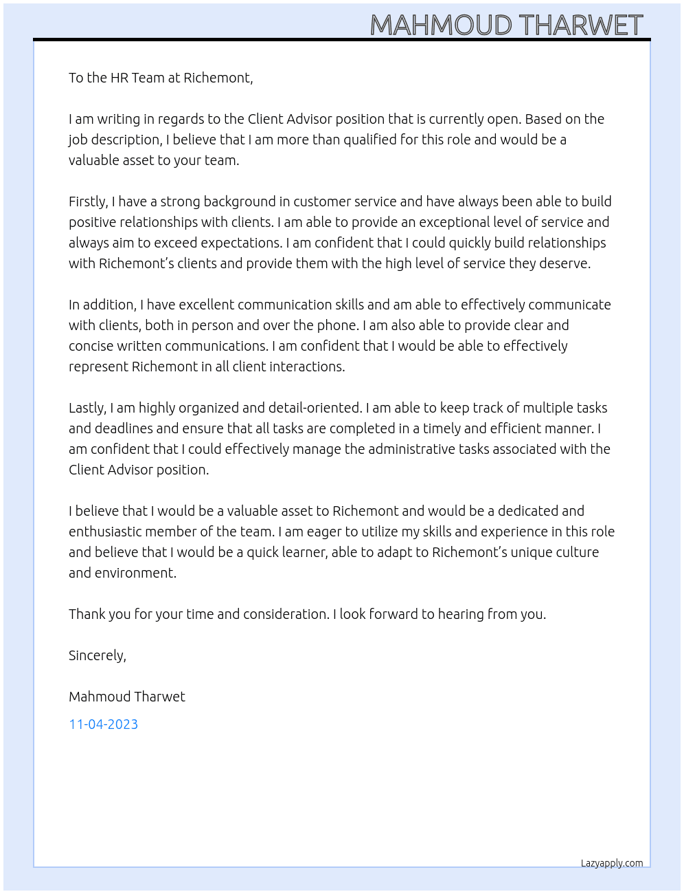 Client Advisor  At Richemont Cover Letter
