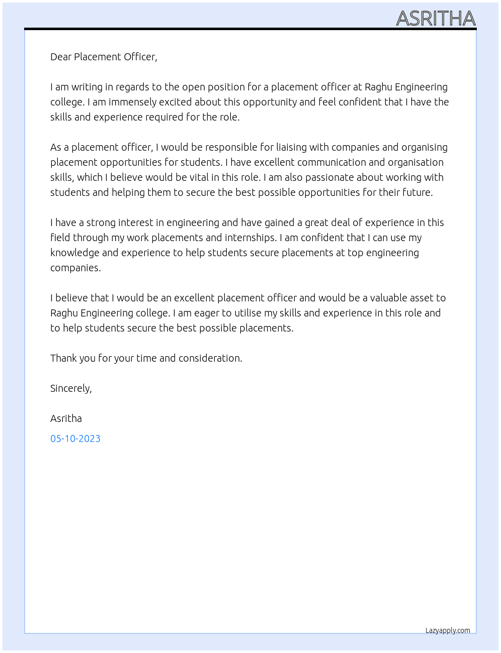 end At Raghu Engineering college Cover Letter
