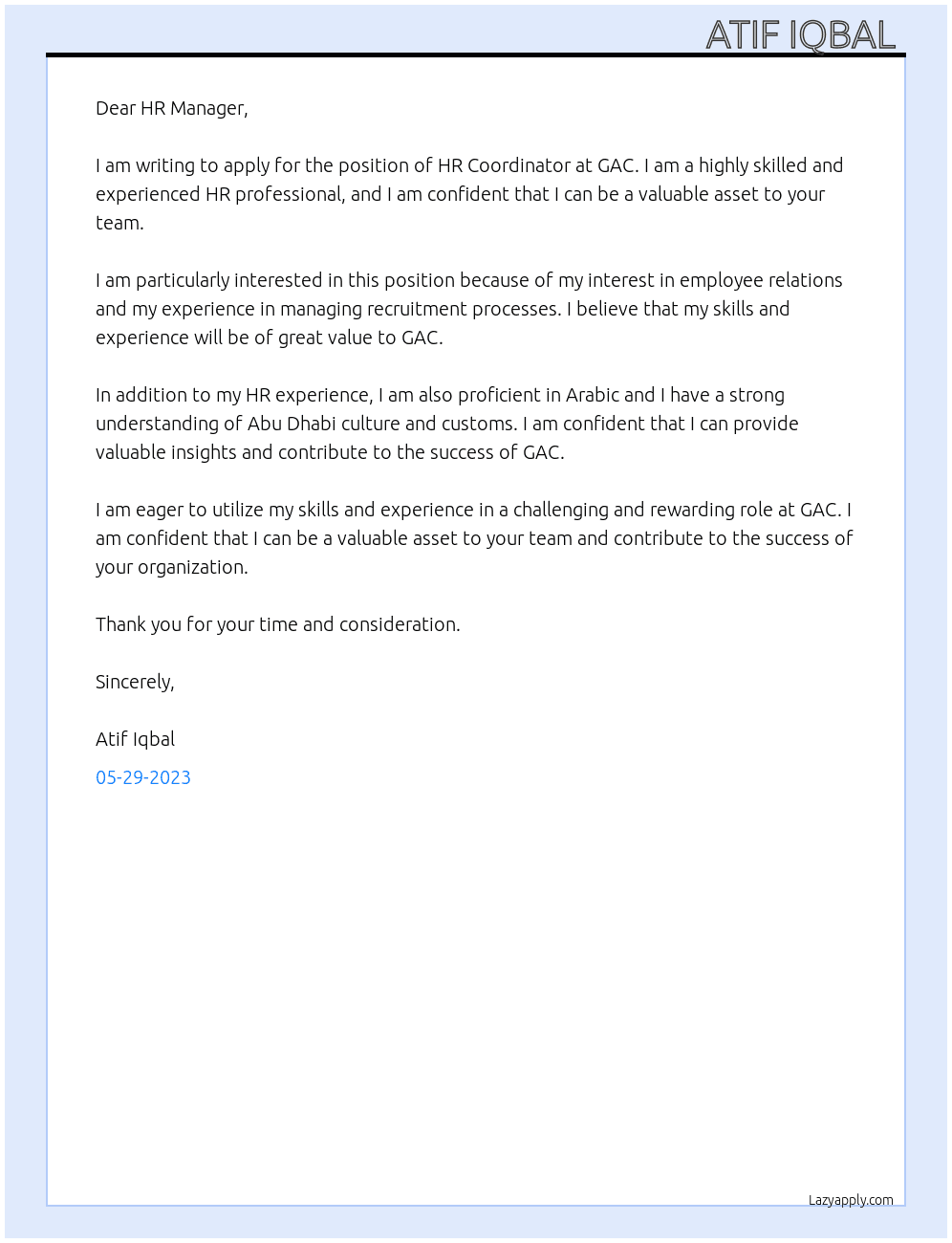 HR Coordinator  At GAC Cover Letter