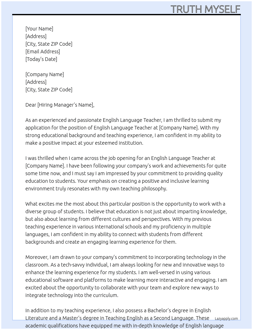 English Language Teacher At any company Cover Letter
