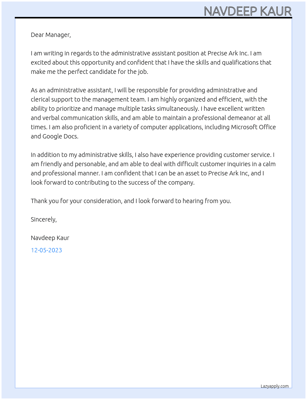 ADMISTRATIVE ASSISTANT At PRECISE ARK INC Cover Letter