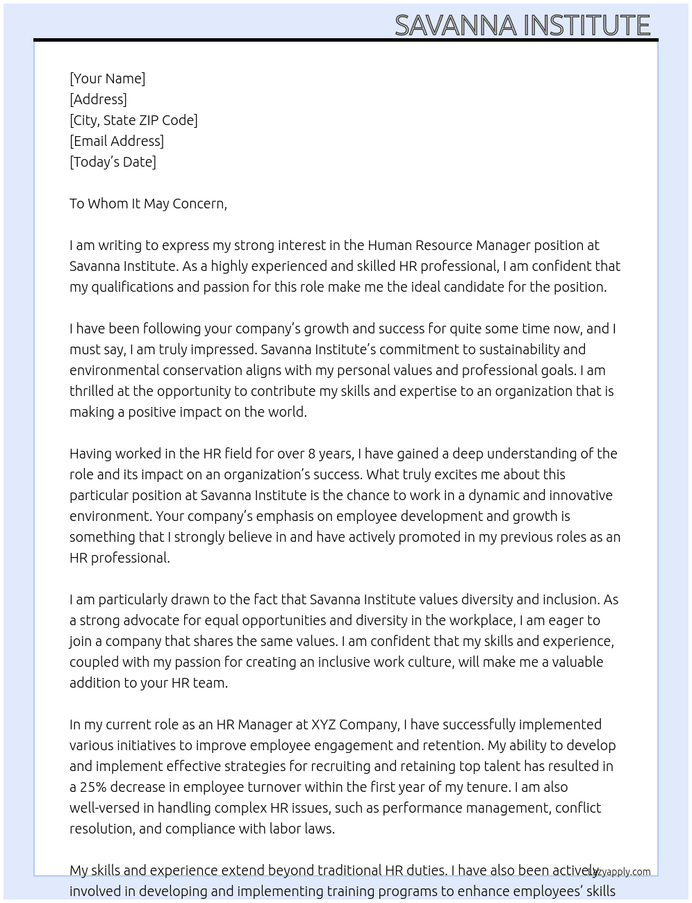 Human Resource Manager At Savanna Institute  Cover Letter