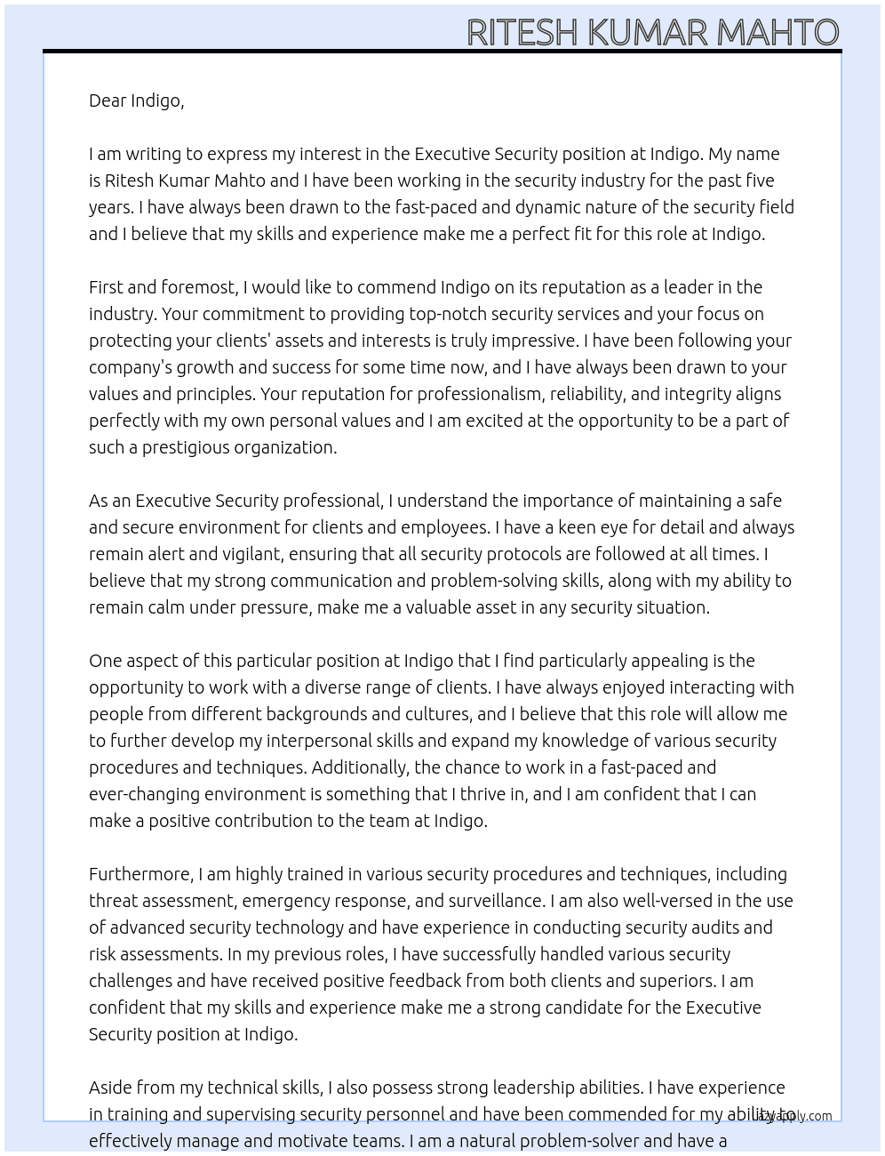 Executive Security At Indigo Cover Letter