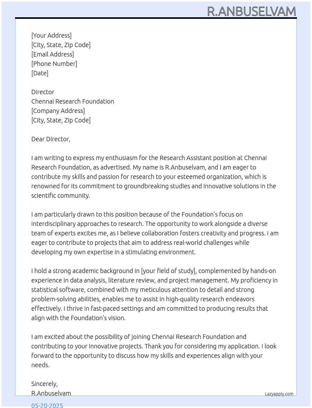 Research Assistant At Chennai Research Foundation Cover Letter