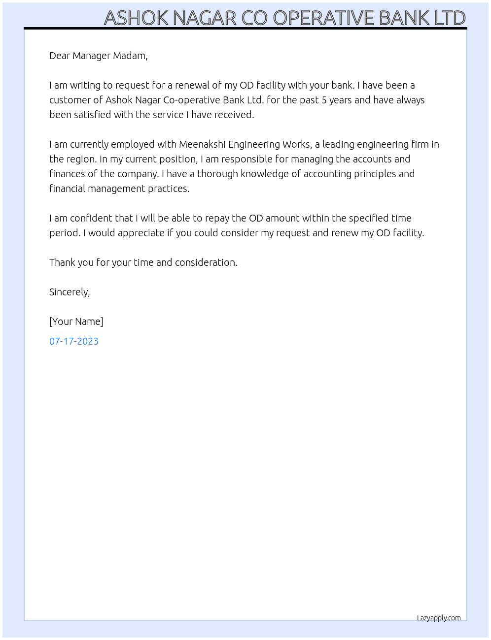 Request OD renewal  At Meenakshi Engineering Works  Cover Letter