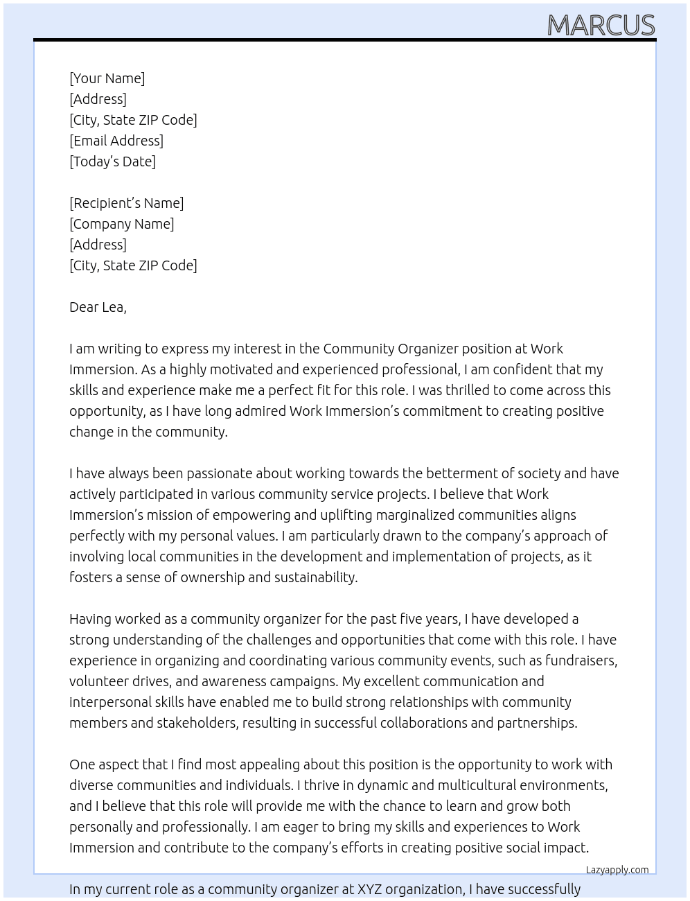 community organizer At work immersion Cover Letter