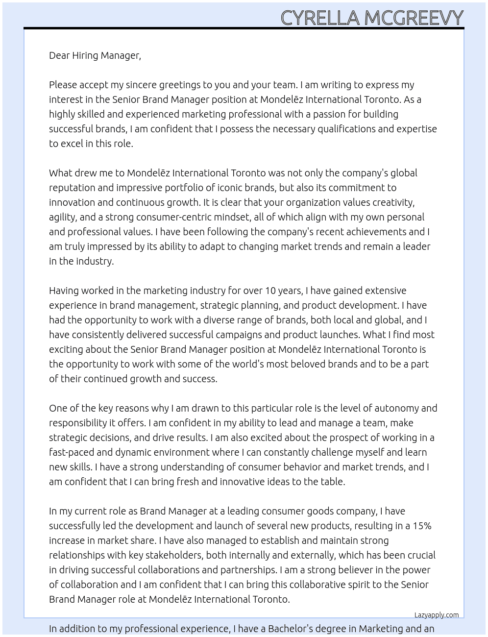 Senior Brand Manager At Mondelēz International Toronto, Cover Letter