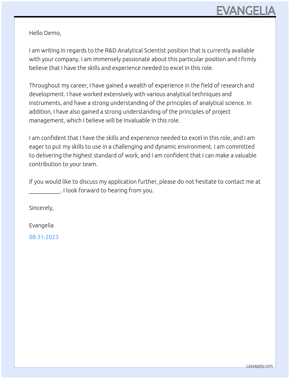 R&D Analytical Scientist At Demo Cover Letter