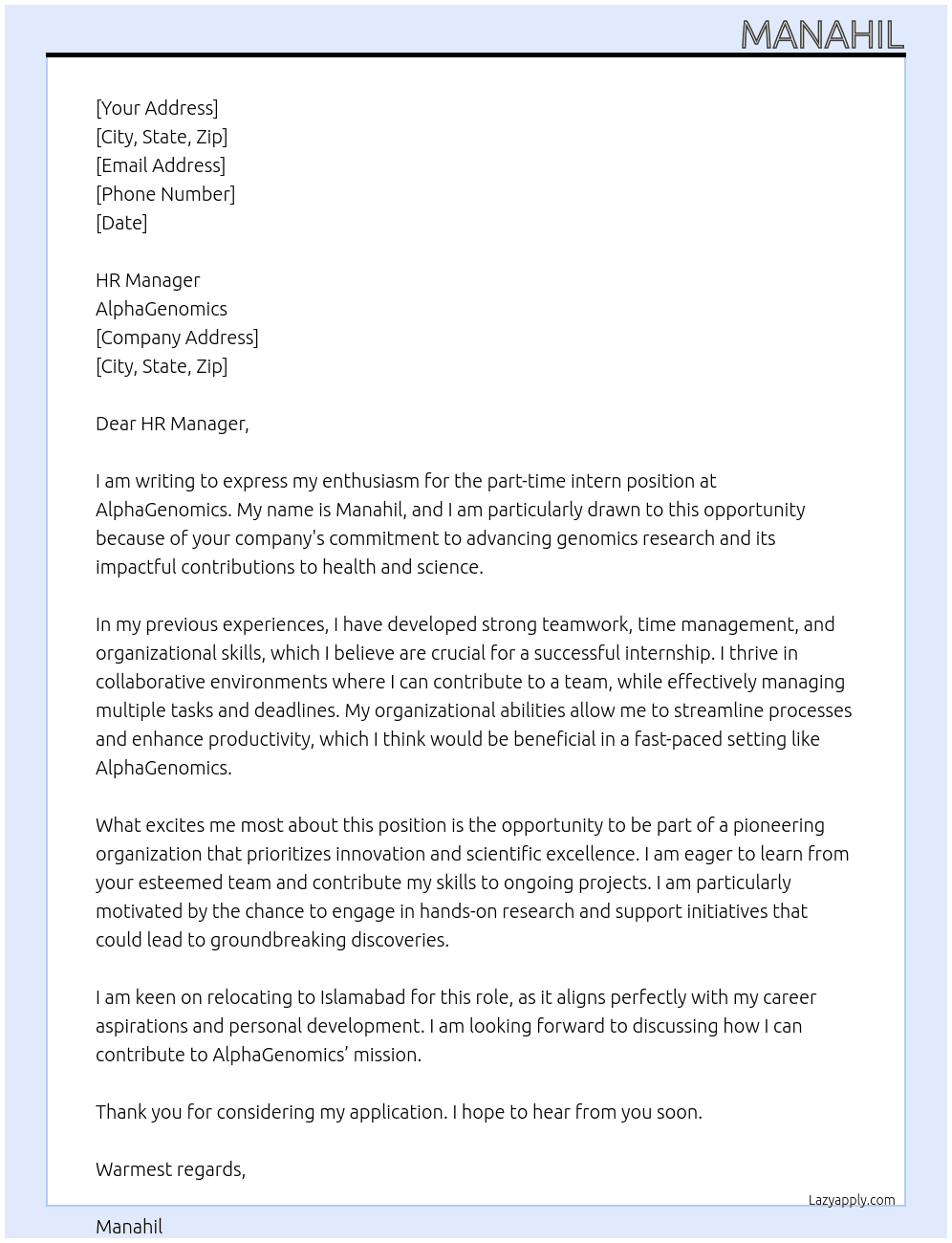 Intern At alphagenemoics Cover Letter