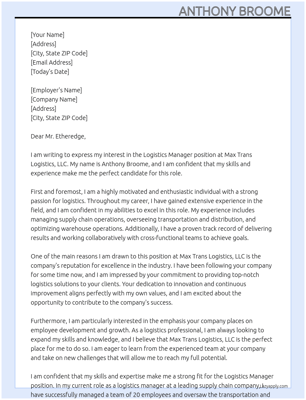 Logistics Manager At Max Trans Logistics, LLC Cover Letter