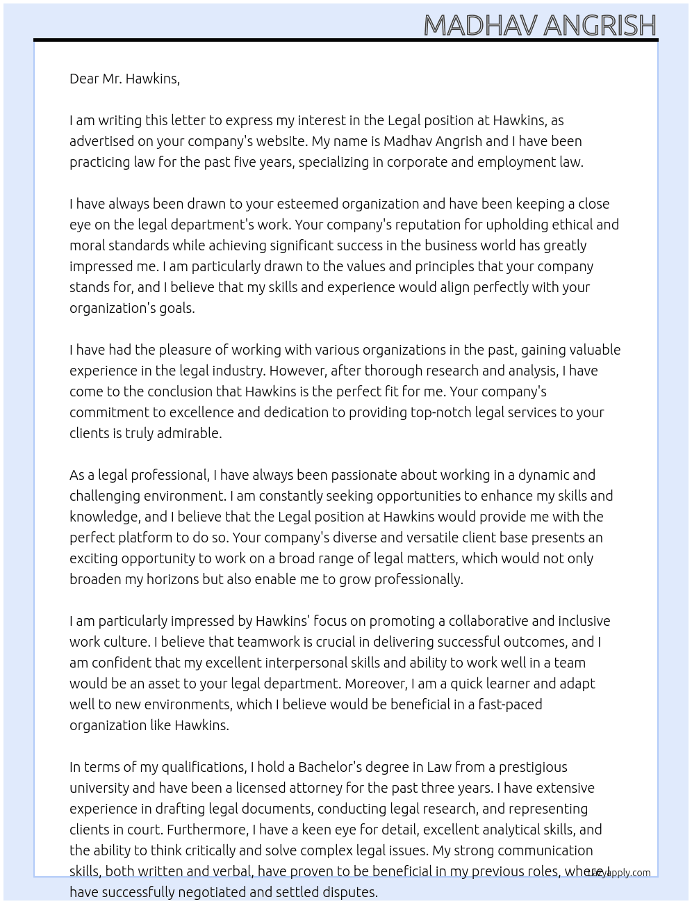 legal At hawkins Cover Letter