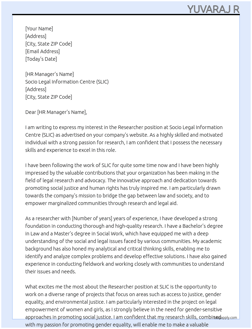 Researcher At Socio Legal Information Centre (SLIC) Cover Letter