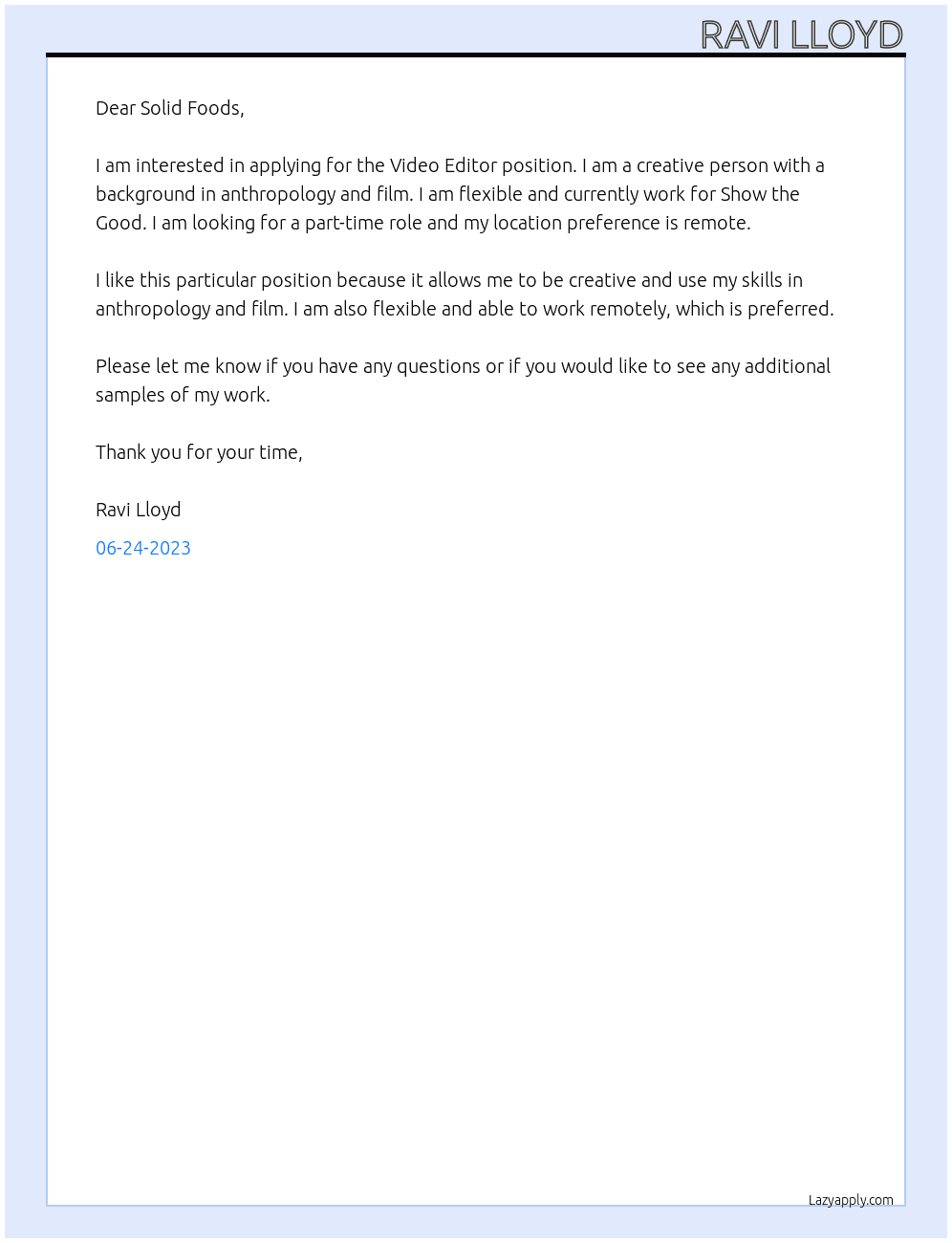 Video Editor At Solid Foods Cover Letter