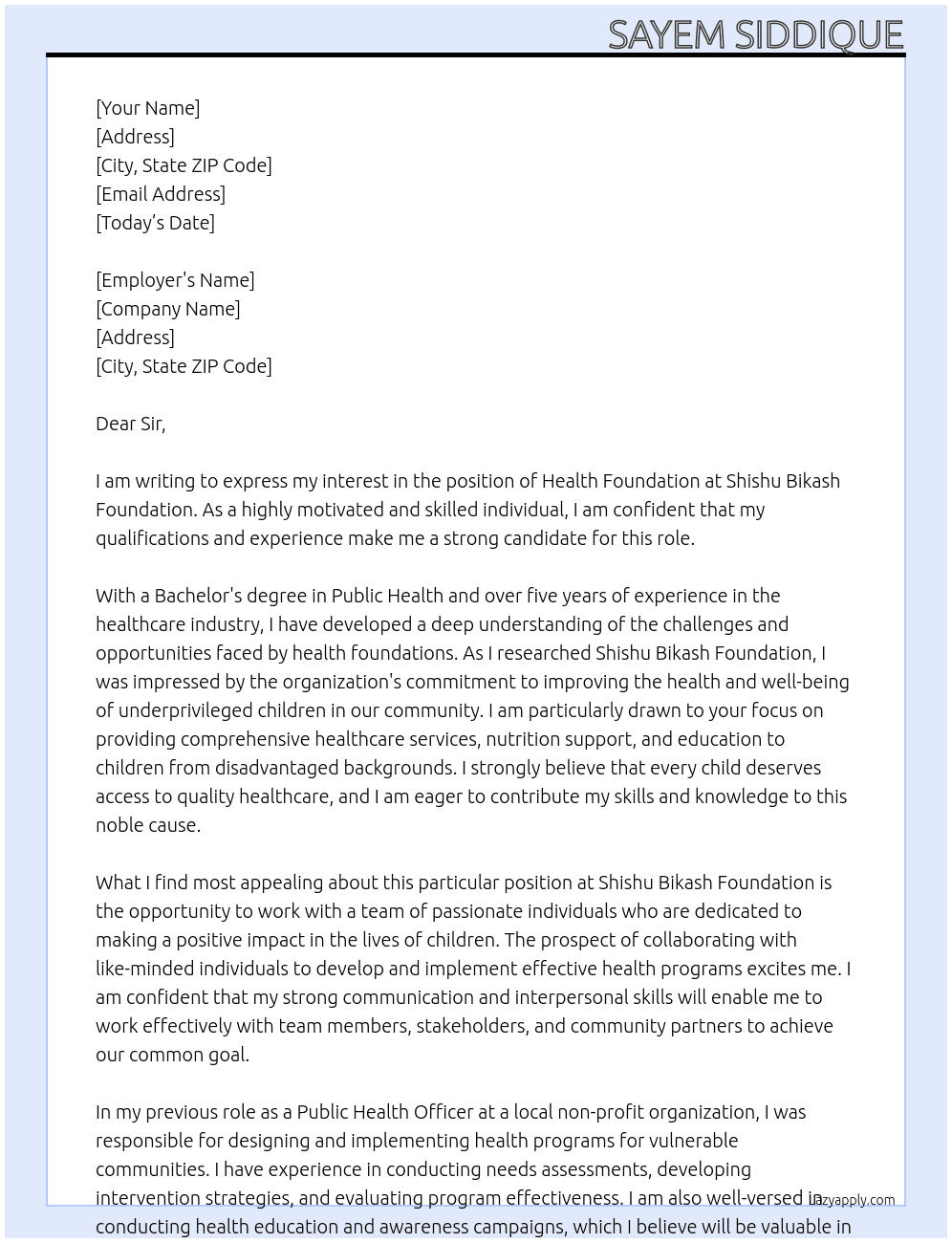 health foundation At shishu bikash foundation Cover Letter