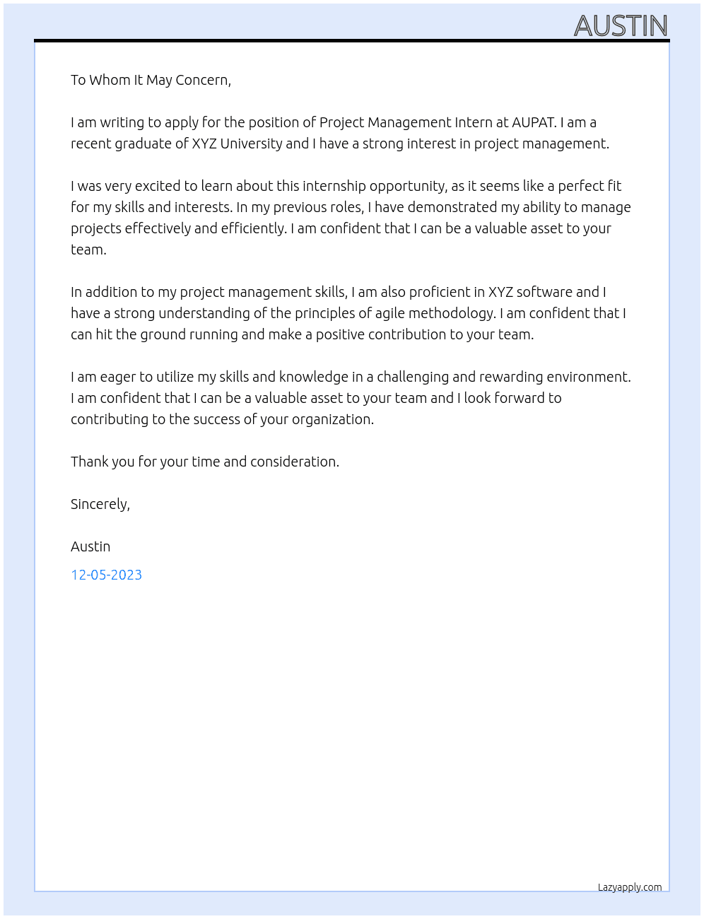 project management intern  At AUPAT Cover Letter