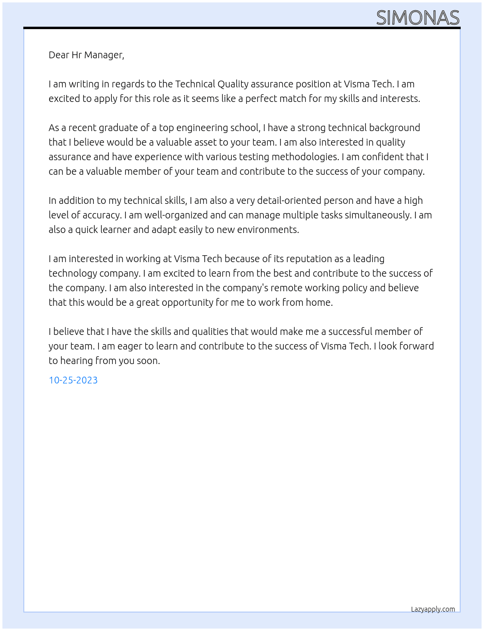 Technical Quality assurance At Visma Tech Cover Letter