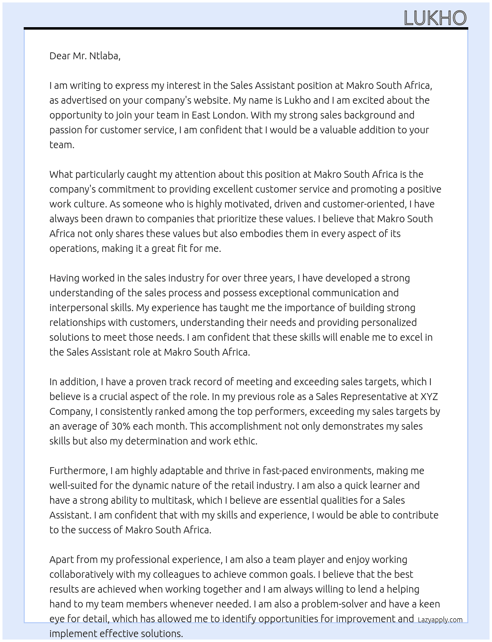 Sales Assistant  At Makro South Africa Cover Letter