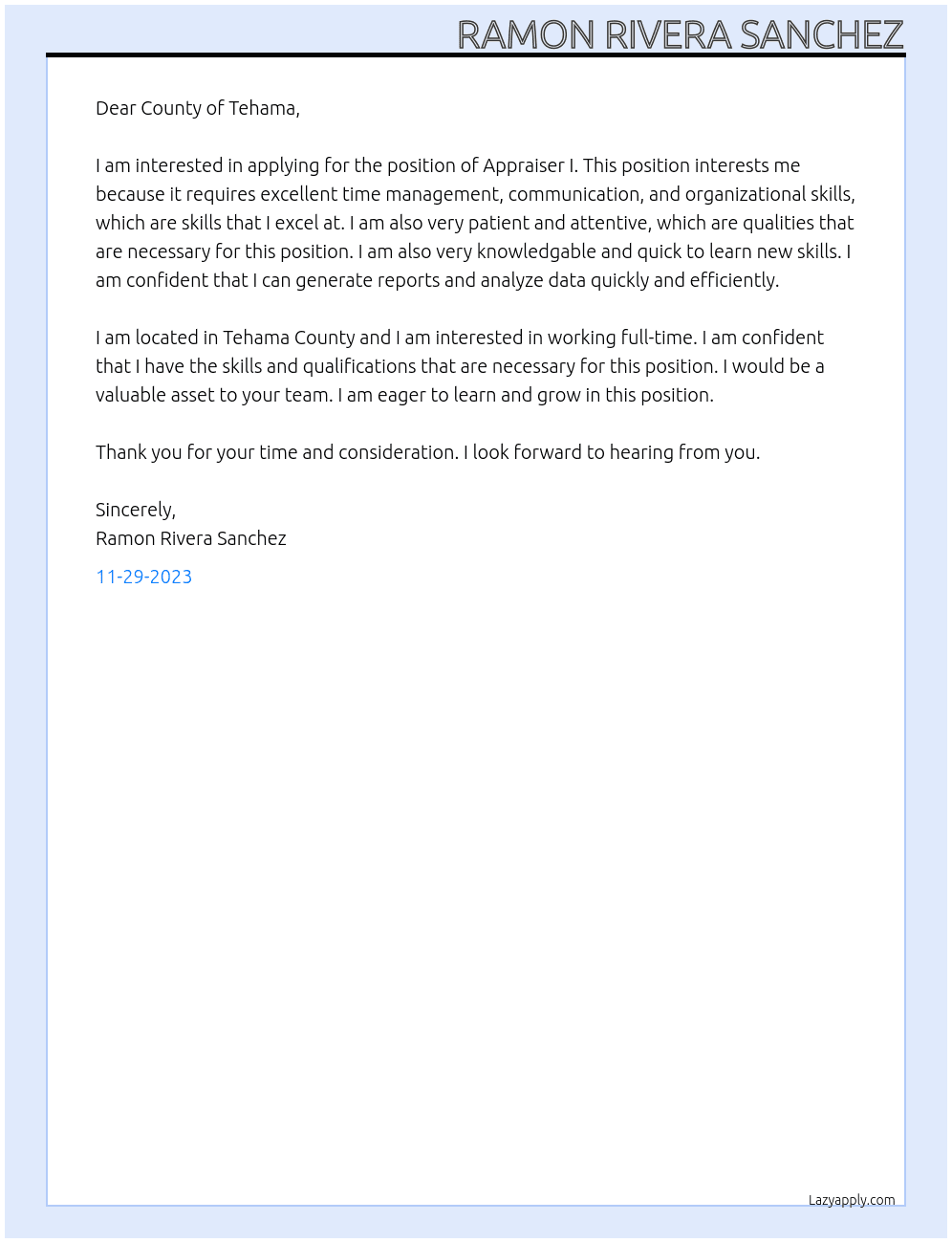 Appraiser I At County of Tehama Cover Letter