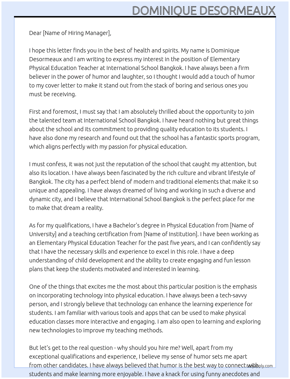 Elementary Physical education teacher At International School Bangkok Cover Letter