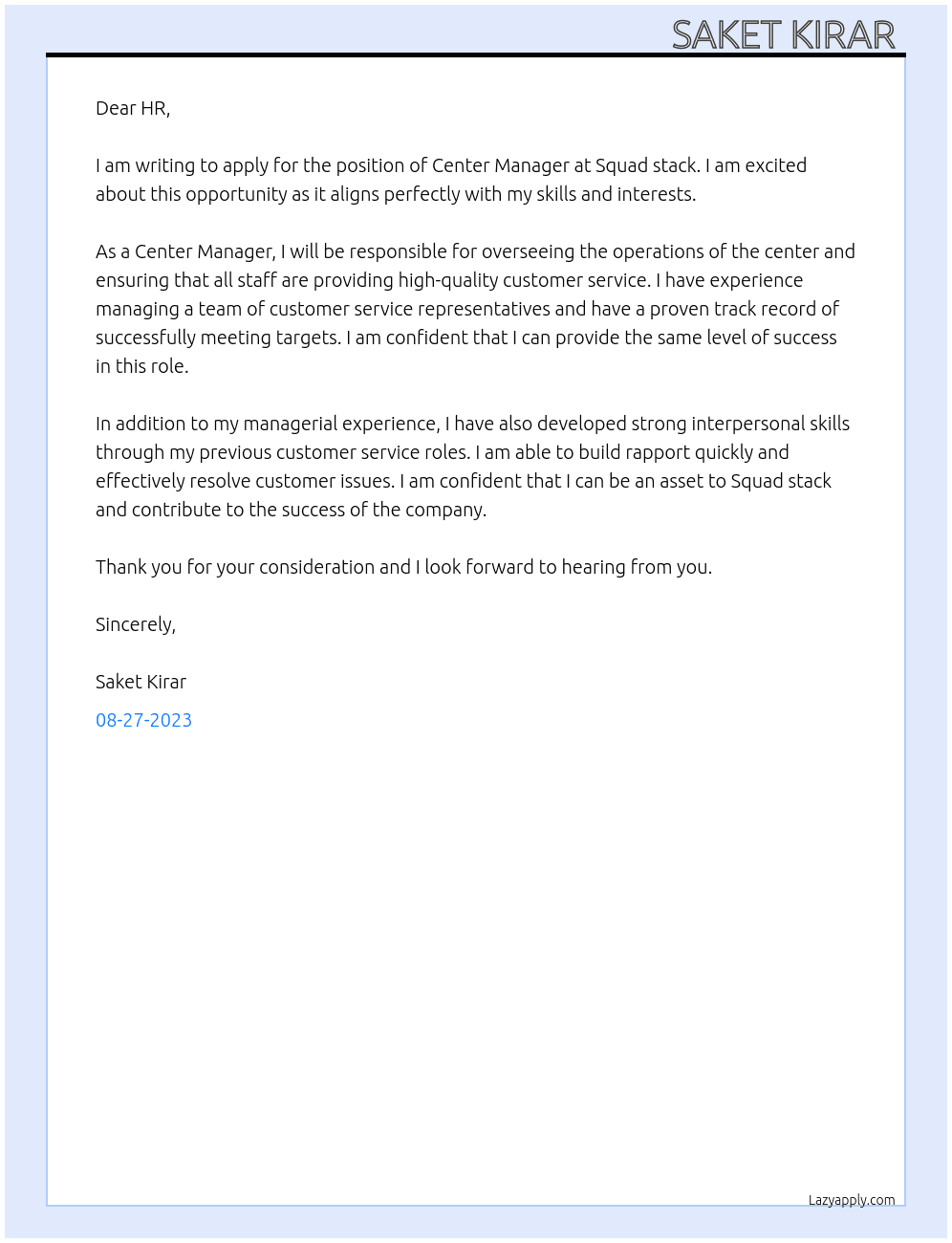Center Manager  At Squad stack. Cover Letter