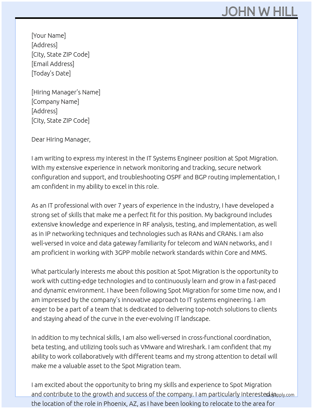 IT Systems Engineer At Spot Migration  Cover Letter