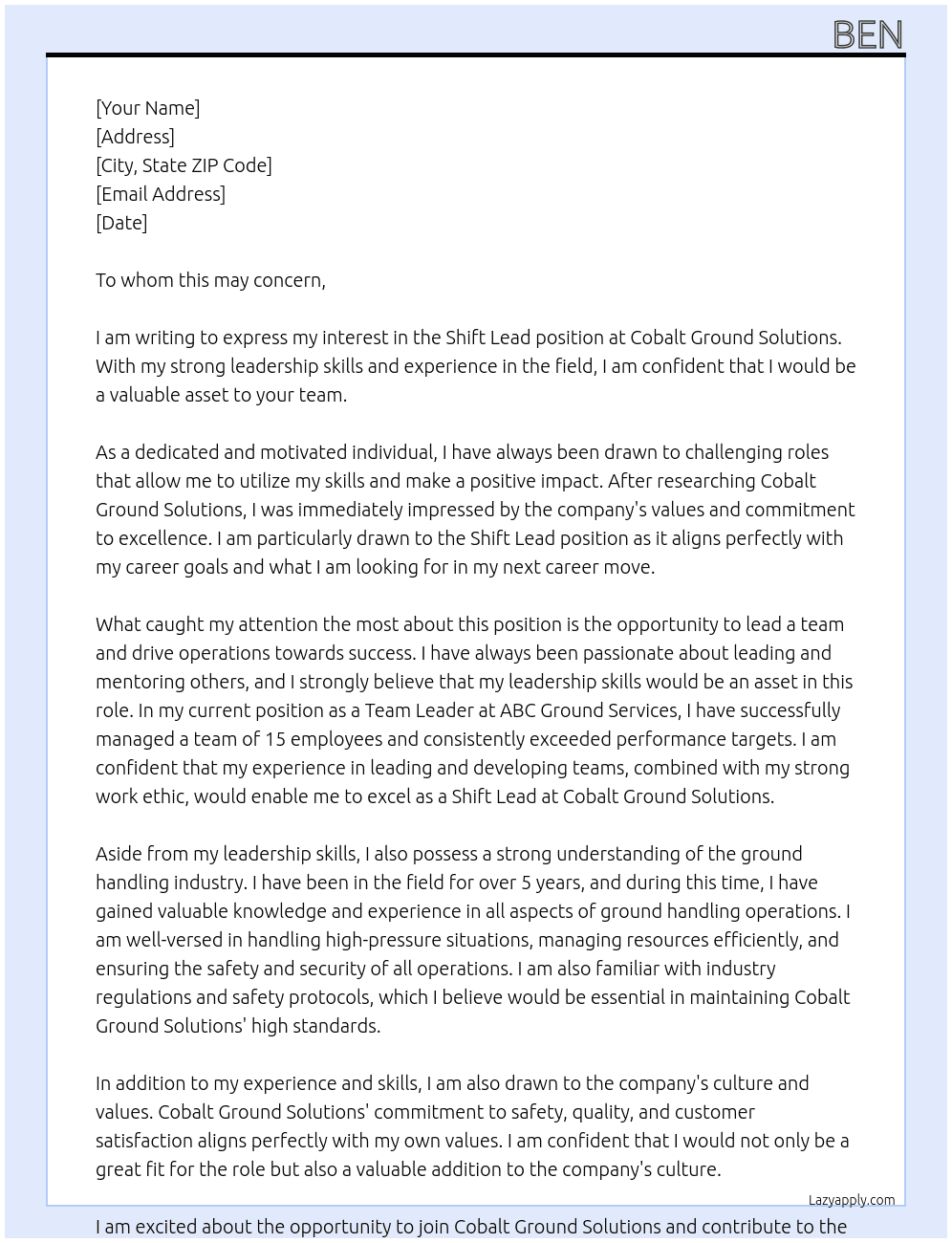Shift lead At Cobalt ground solutions  Cover Letter