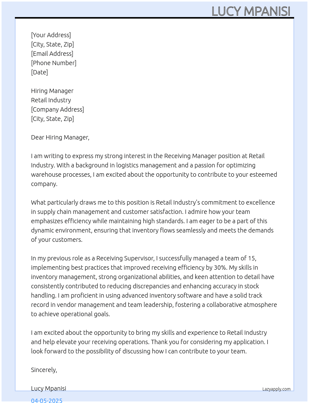 Receiving manager At Retail industry Cover Letter