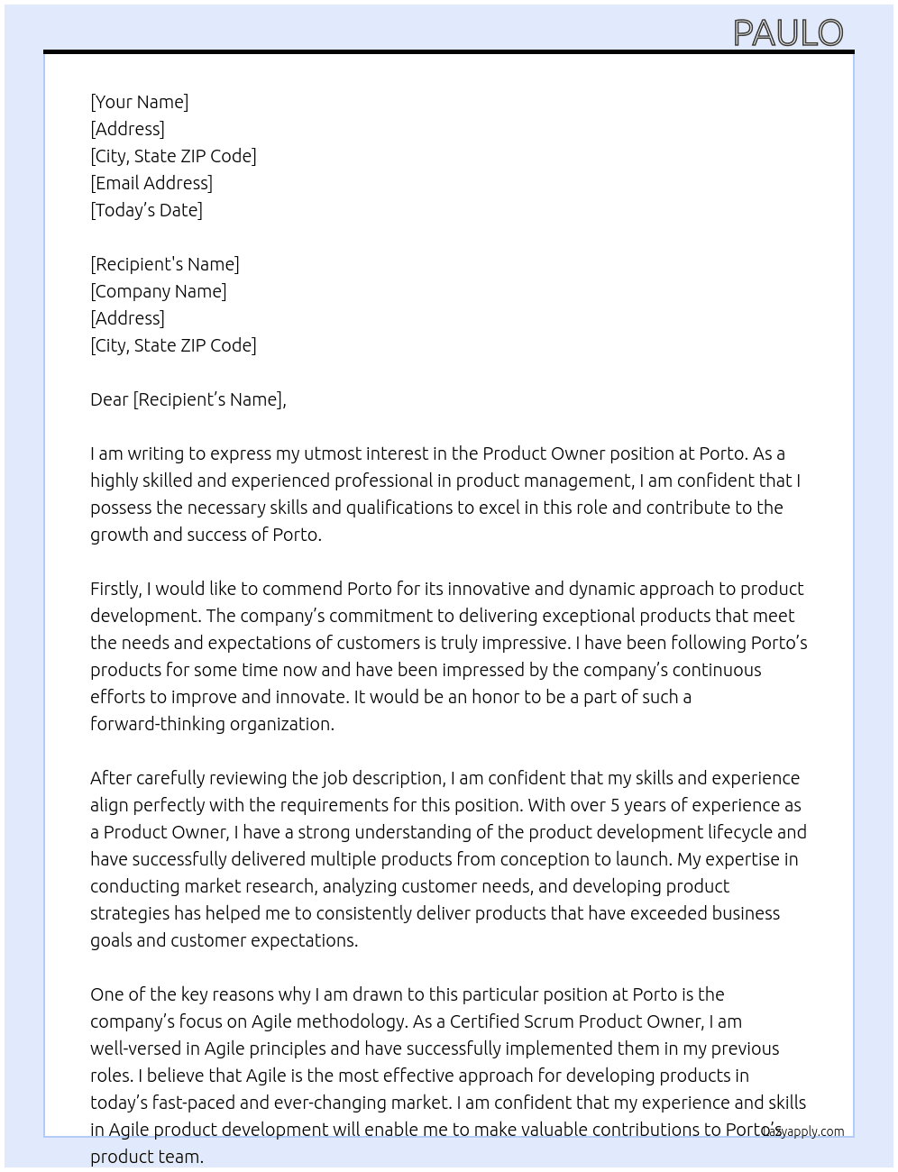 Product Owner At Porto Cover Letter