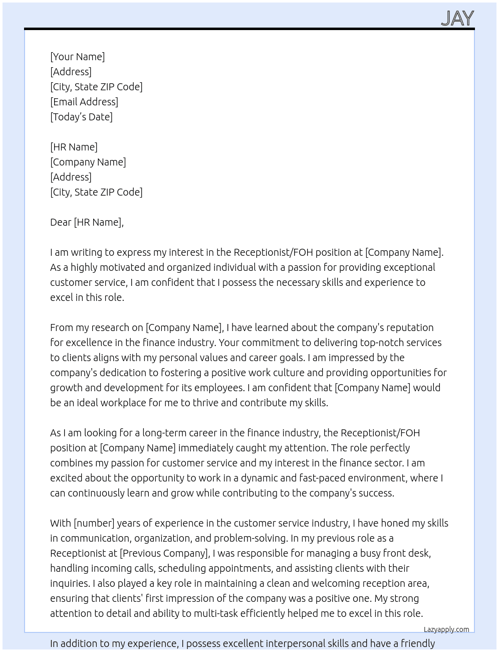 Receptionist / FOH At finance firm Cover Letter