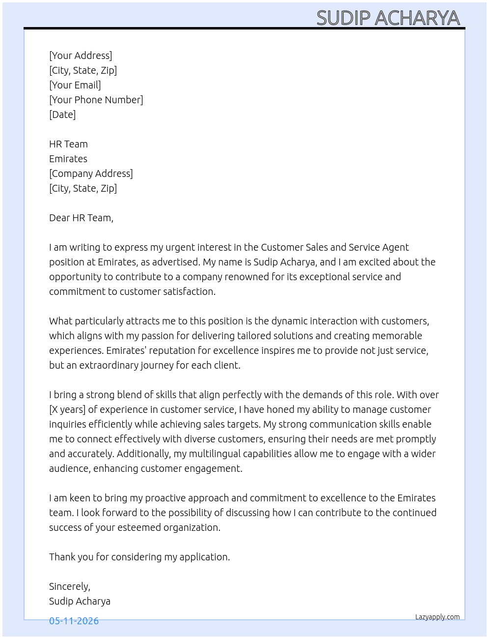Customer sales and service agent  At Emirates  Cover Letter
