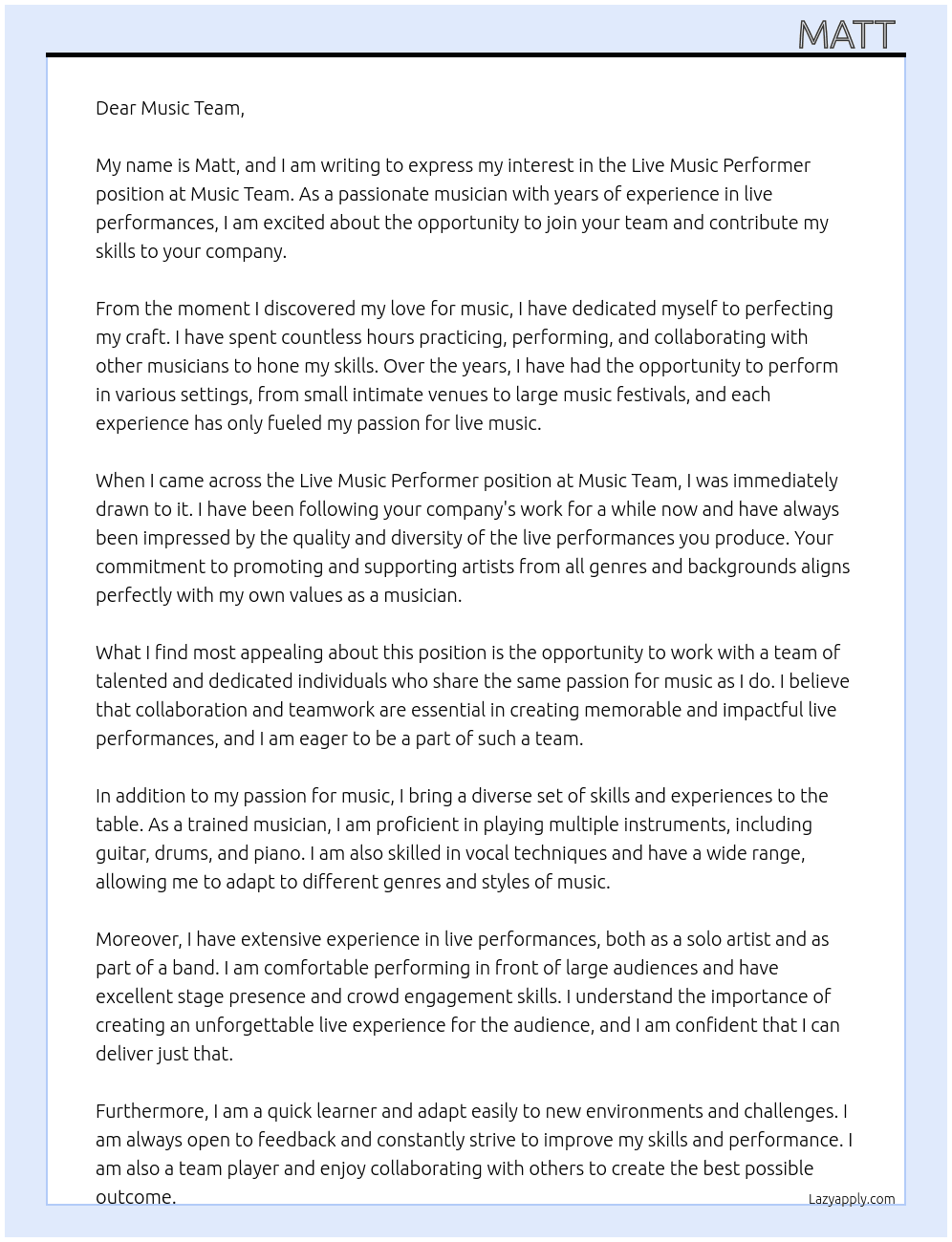 Live Music Performer At Music Team Cover Letter