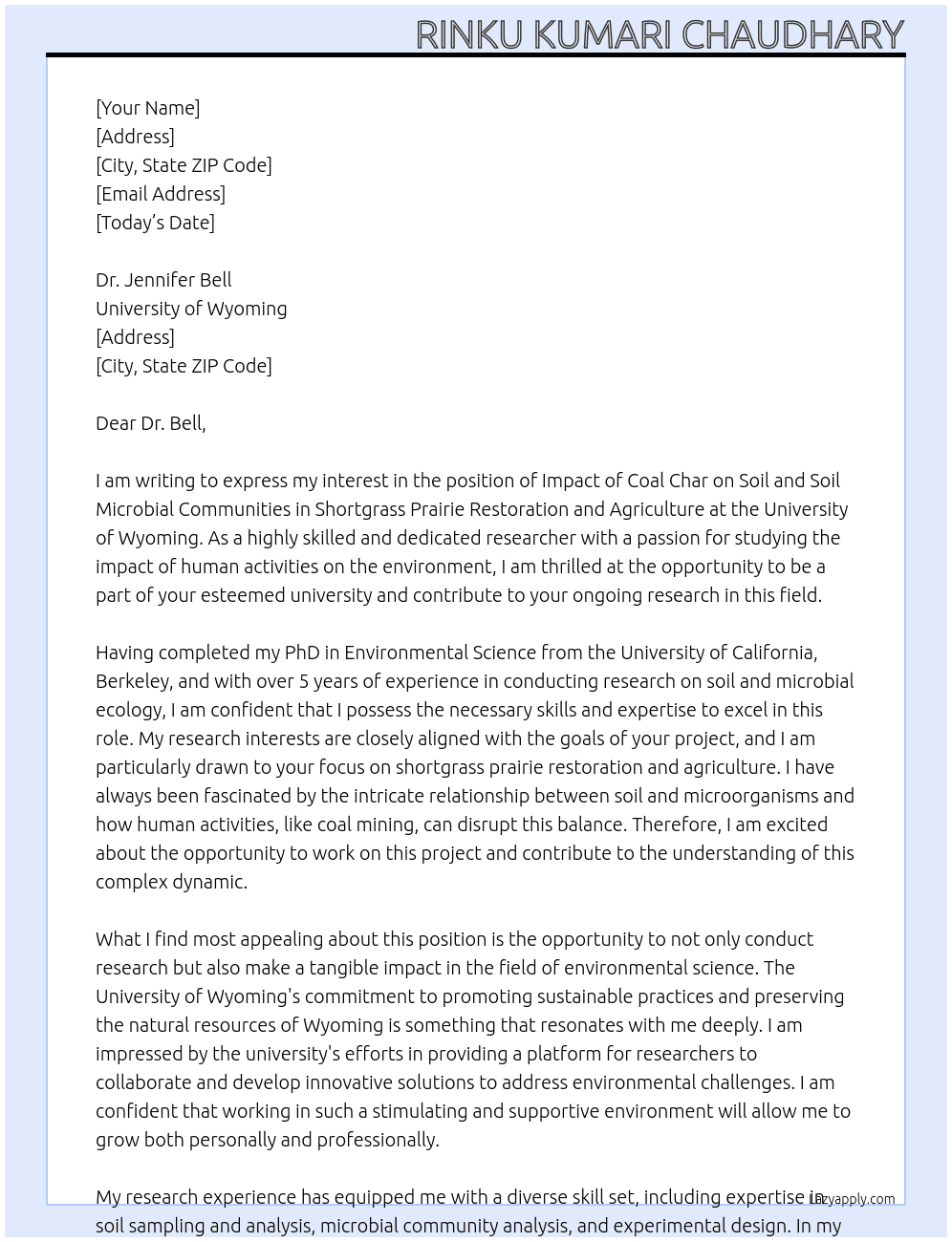 Impact of coal char on soil and soil microbial communities in shortgrass prairie restoration and agriculture. At University of Wyoming, USA Cover Letter