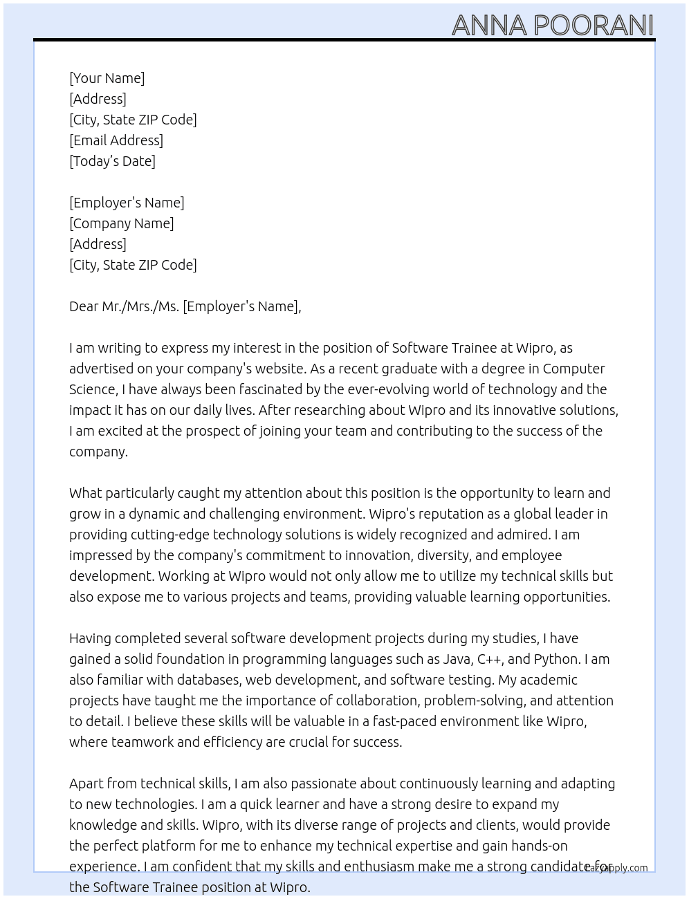 Software trainee  At Wipro Cover Letter