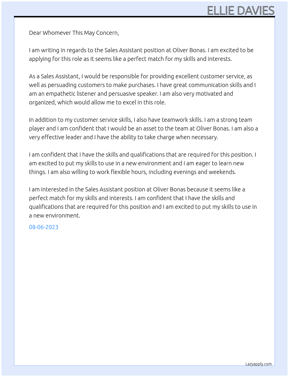 Sales assistant  At Oliver Bonas  Cover Letter