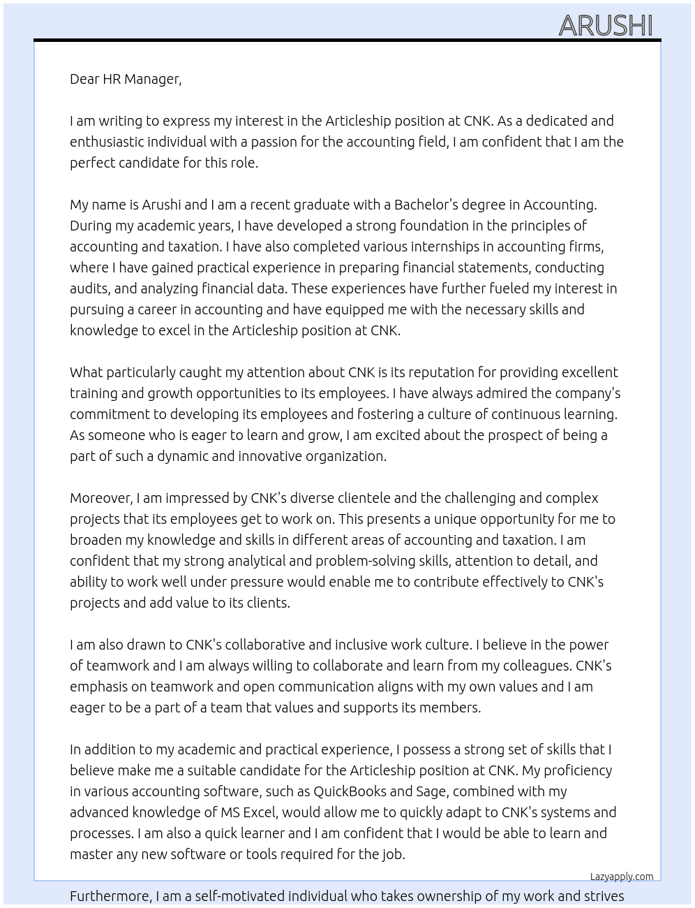 Articleship At CNK Cover Letter