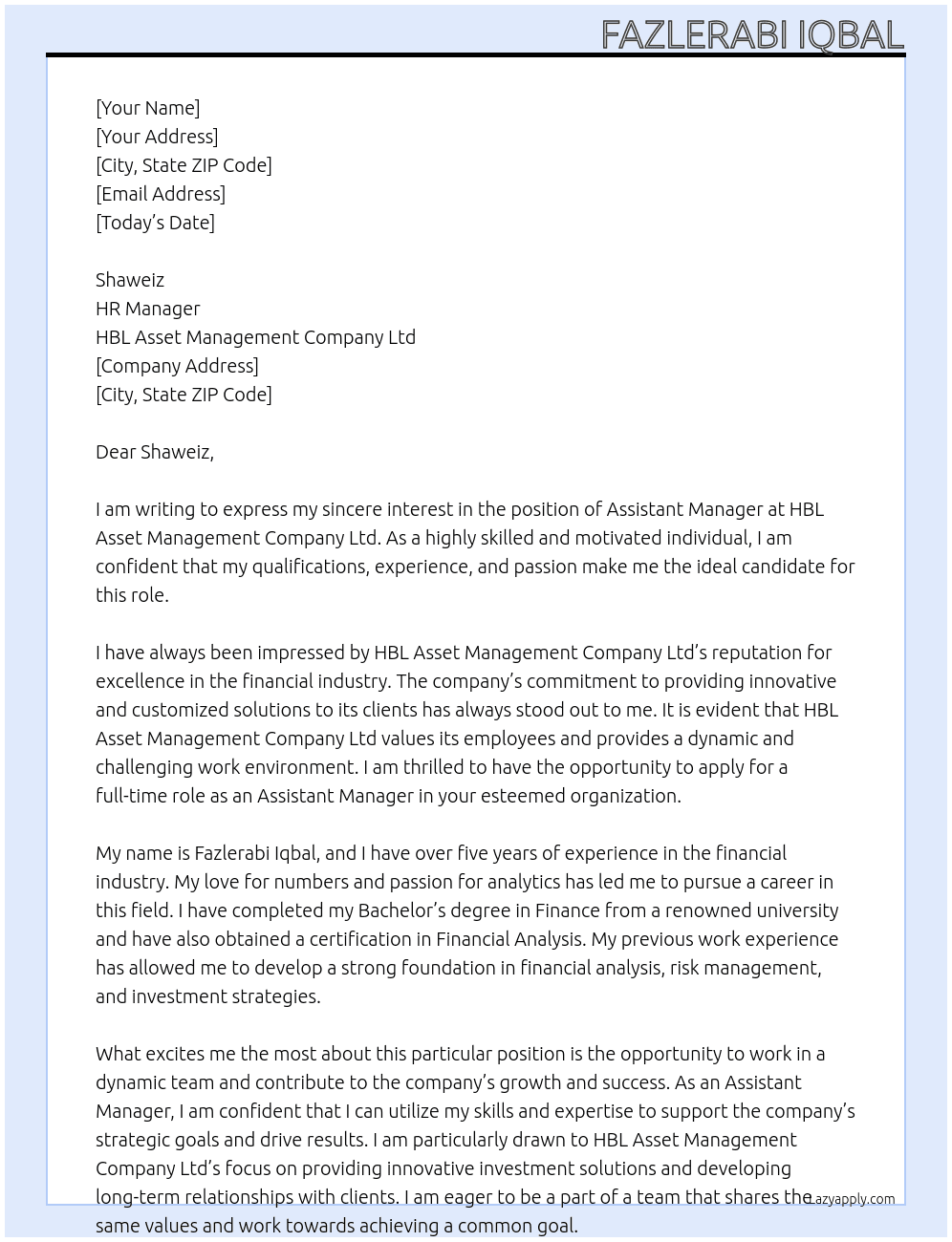 assistant manager At HBL Asset Management Company ltd Cover Letter