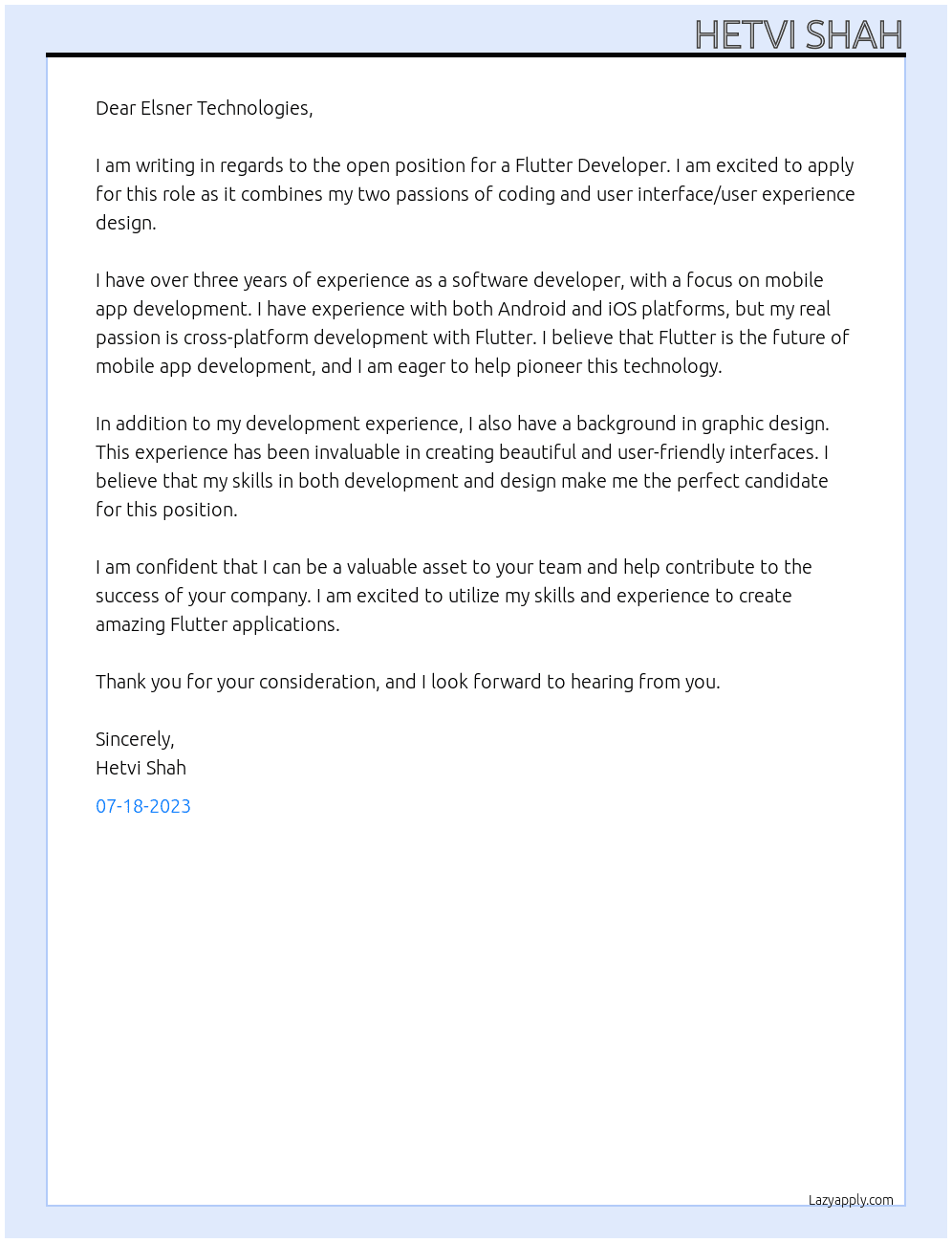 Flutter Developer At Elsner Cover Letter