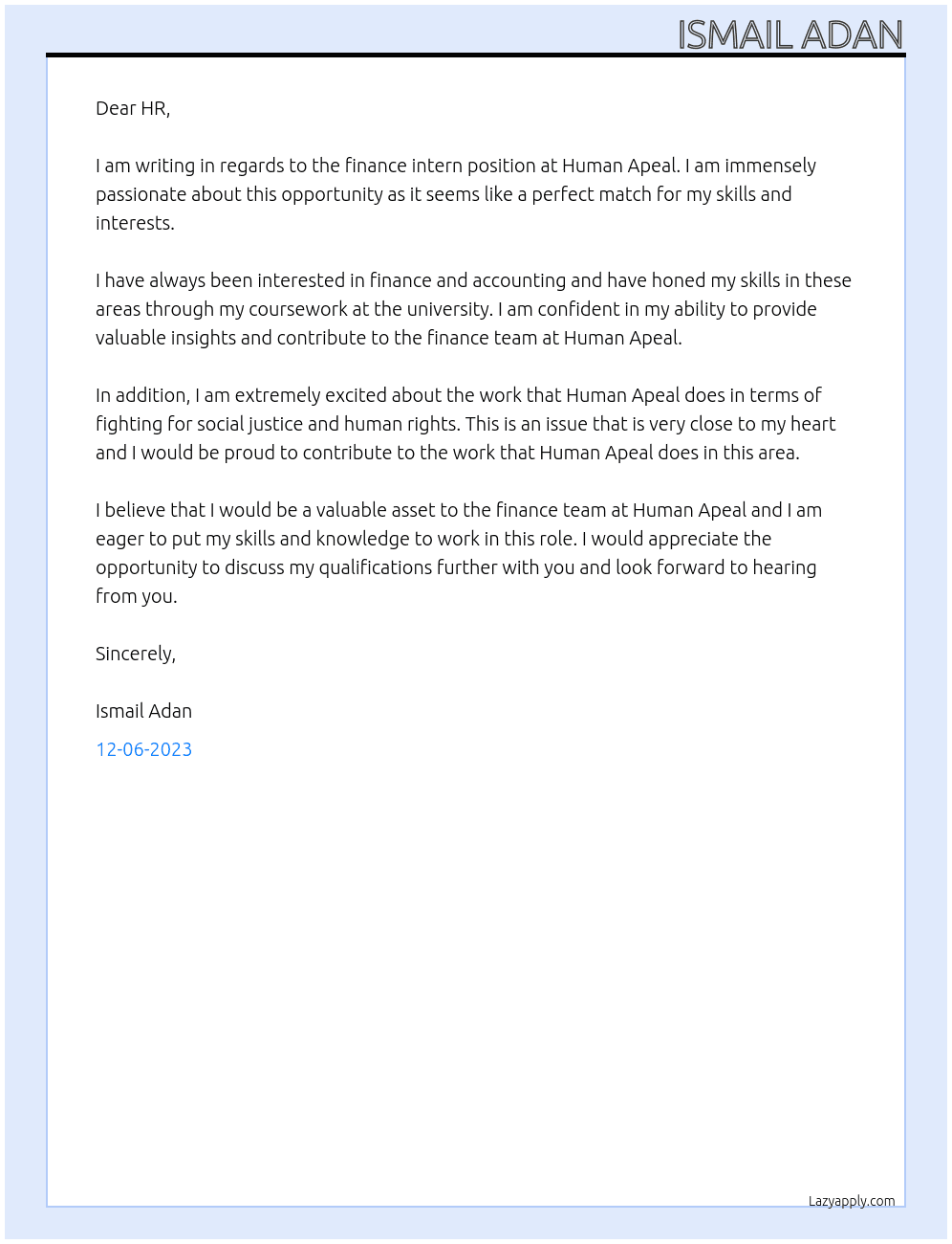 finance intern At Human Apeal Cover Letter