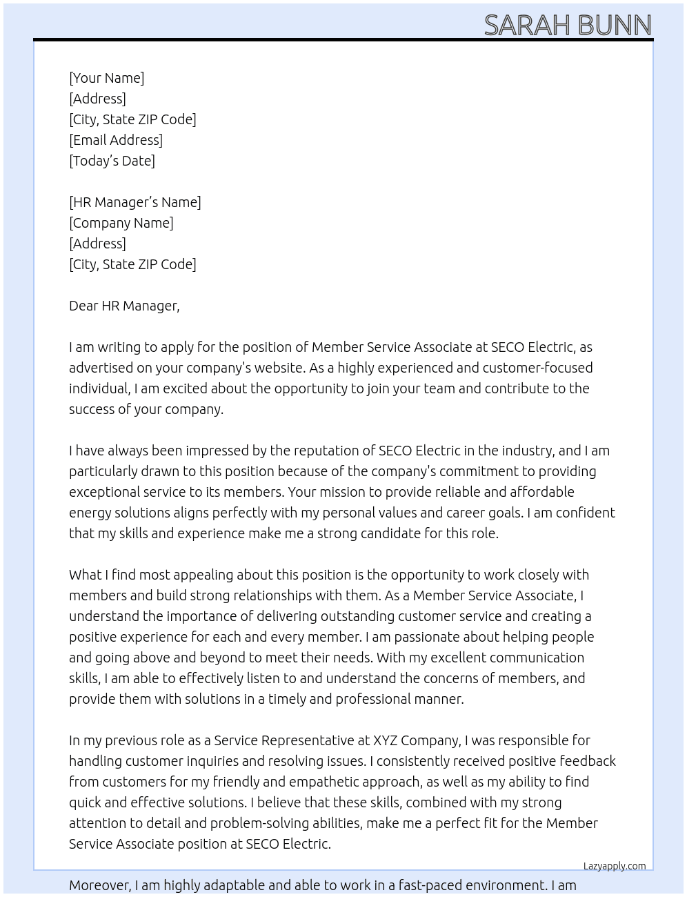 Member Service Associate At SECO Electric Cover Letter