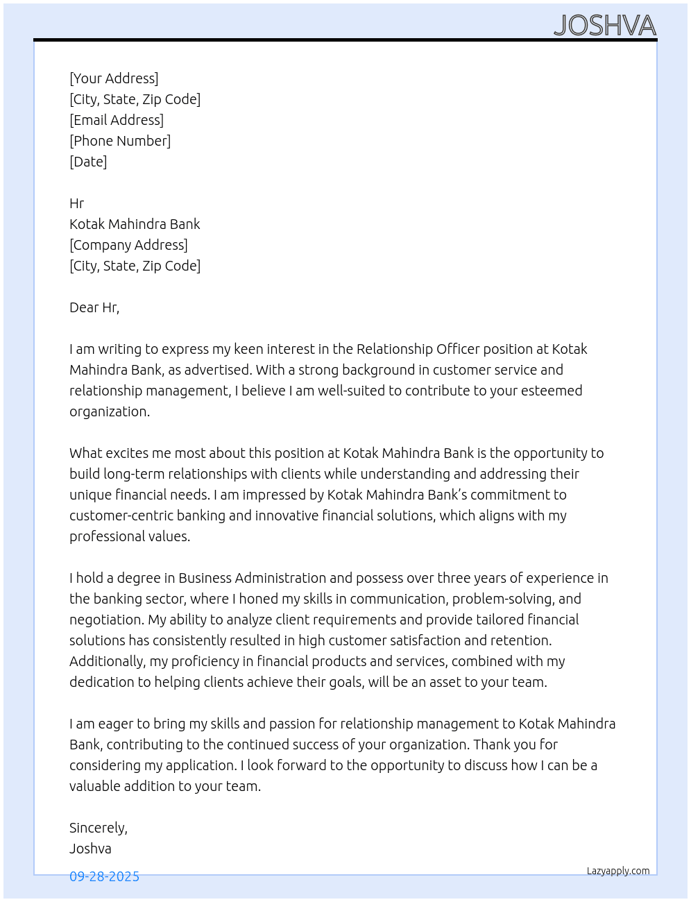 Relationship officer  At Kotak Mahindra Bank  Cover Letter